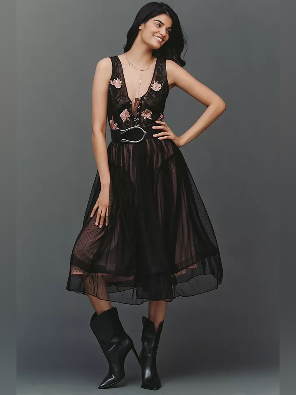 By Anthropologie Corset Lace Tulle Midi Dress, Black/Pink, Size Medium, NWT